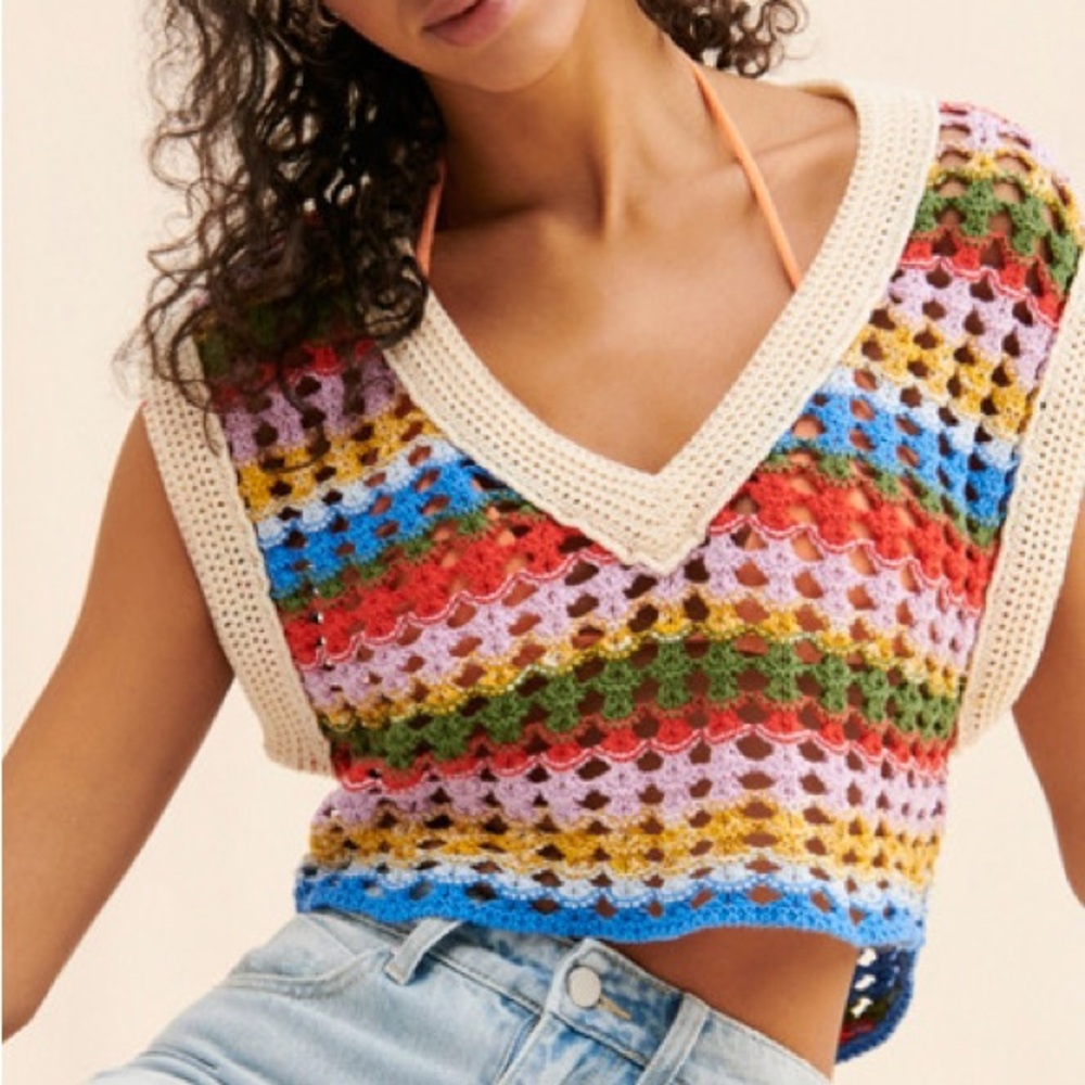 BDG Urban Outfitters Women’s Crochet Knit Tank Top V-Neck Crop Pullover Stripe S - Picture 2 of 12
